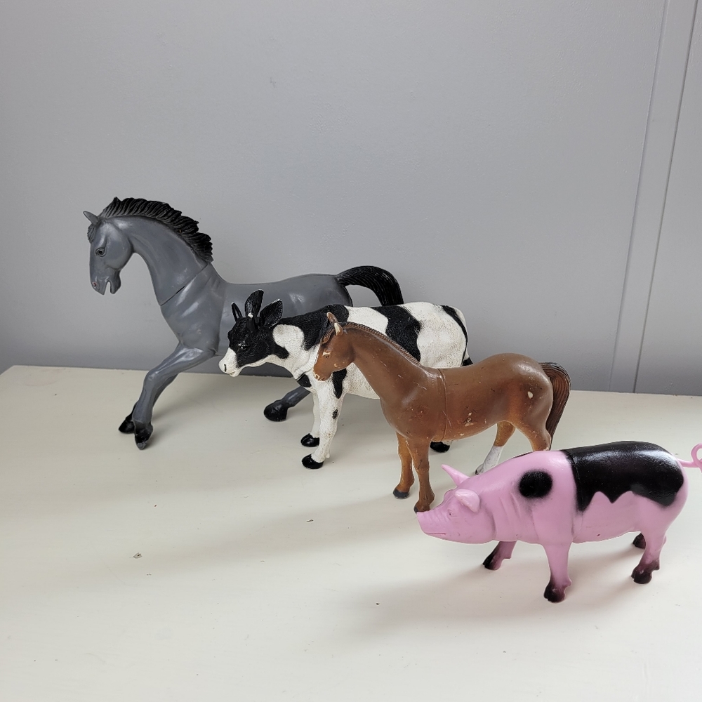 Vintage Farm Animals 1980s Grey and Brown Horse Cow Pig Play Figure Toys